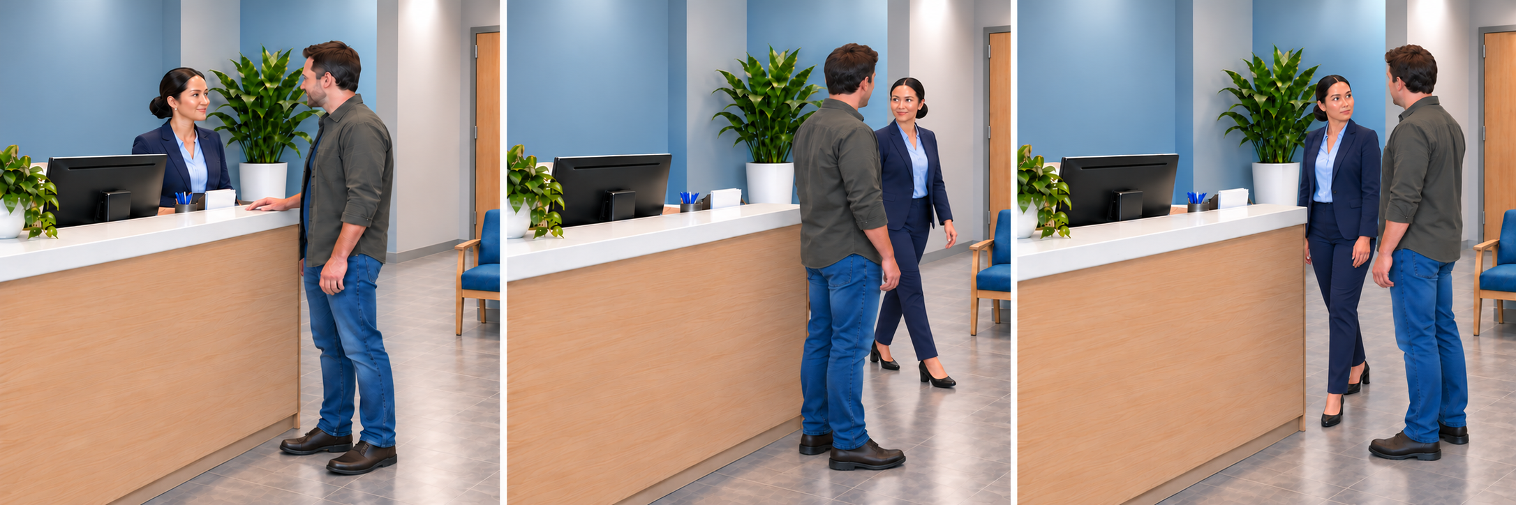 An employee stands behind the reception counter while a visitor faces her from the public side.