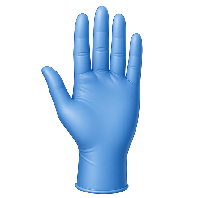Blue disposable-glove illustration with an outward thumb, four fingers, and a connected cuff.